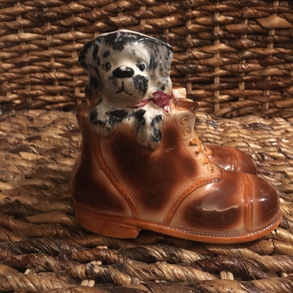 Vintage ceramic dog in boot